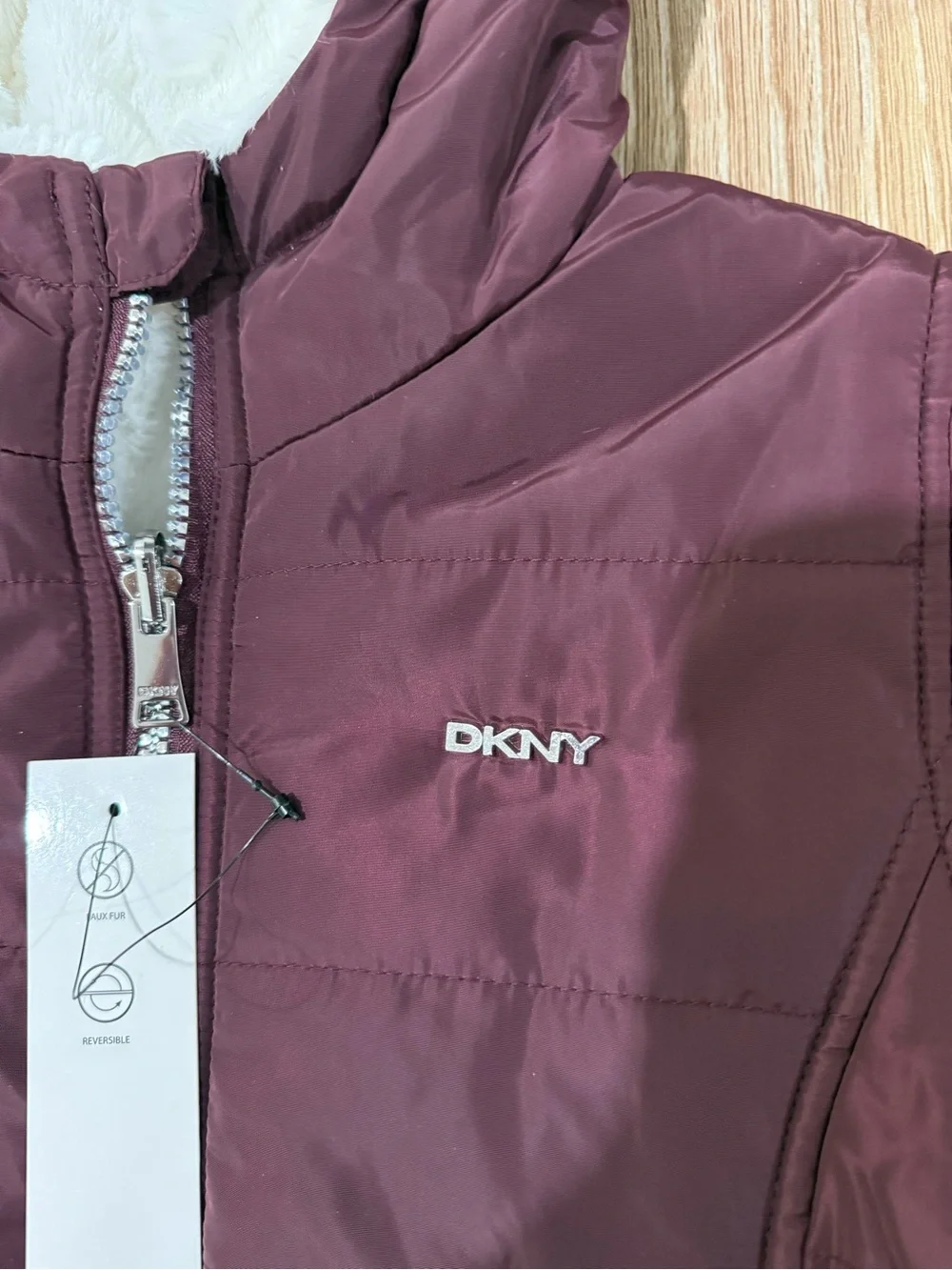 DKNY Girls 6X Hooded Reversible Puffer Jacket NWT Burgandy